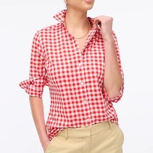 J. Crew Factory Lightweight Cotton Coral/Red and White Gingham Button-Down Shirt